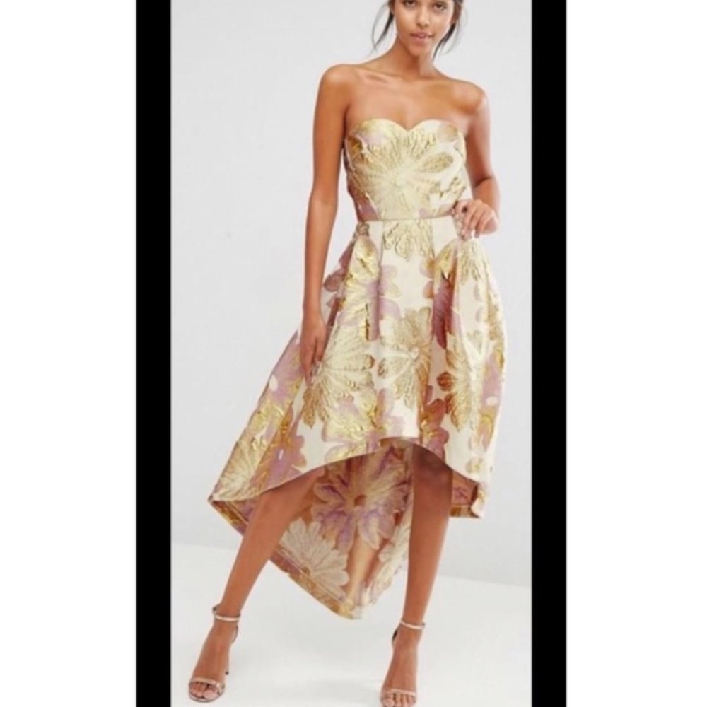 Chi Chi London Bardot Metallic Jacquard Midi Dress